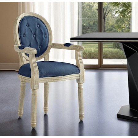 Homeroots Tufted Navy Blue and Brown Upholstered Linen Dining Arm Chair 535373