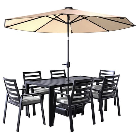 Leisuremod Chelsea Aluminum Outdoor Dining Table With 8 Chairs and Cushions, Light Grey CC20-T63BL-LGR6