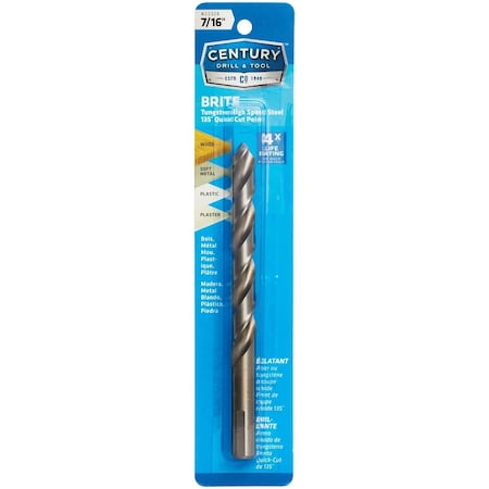 Century Drill & Tool 7/16'' Tungsten High Speed Steel Quick-Cut Point Brite Drill Bit 22328