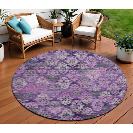 Homeroots 8' Eggplant Plum And Lavender Round Aztec Washable Indoor Outdoor Area Rug 615778