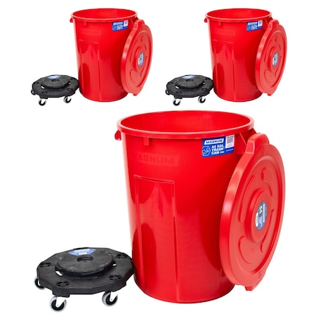 Magnum Tool Red 44 Gallon Trash Can Set, Trash Can, Quiet Dolly, and Reinforced Lid, 3 Set CMTC-CLD0-44R03