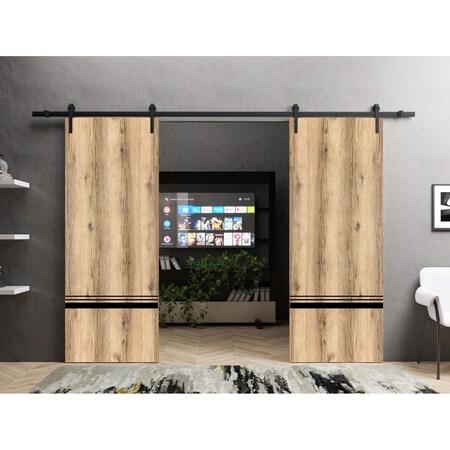 Sartodoors Sliding Double Barn Doors with Hardware, Planum 0012 Oak and Aluminum Strips, 13FT Rail Hangers Stu PLANUM0012DB-DUB-8496