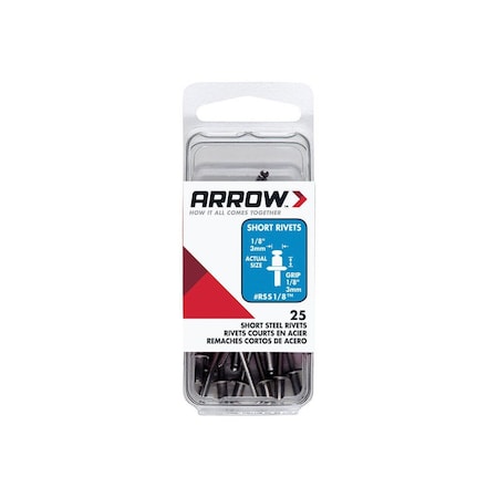 Arrow Pop Rivet, Short, 1/8 in L, Steel Silver, 25PK RSS1/8