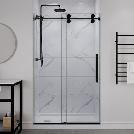 Anzzi 48in x 76in Frameless Shower Door with Sliding in Matte Black with Tsunami Tempered Clear Glass SD-FRLS06101MB