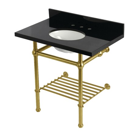 Kingston Brass 36-Inch Black Granite Console Sink with Brass Legs and Shelf, 8-Inch, 3-Hole KVPK36KBB7