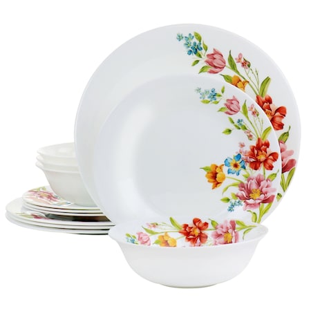 Gibson Ultra Blooming Rose 12 Piece Tempered Opal Glass Dinnerware Set 97246.12