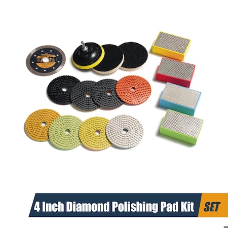Powertec 4in Diamond Polishing Pads & Hand Sanding Blocks Kit & 4.5in Diamond Turbo Mesh Rim Blade 72307