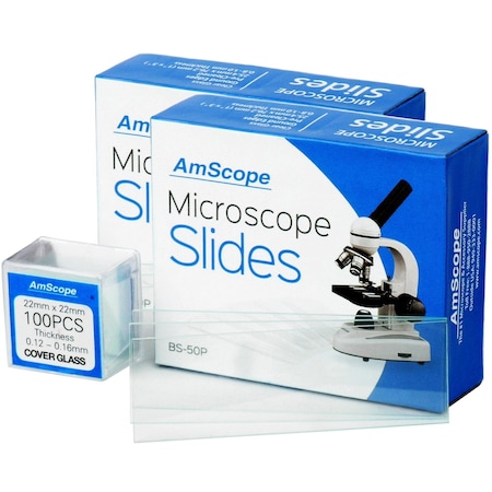 Amscope 100 Pre-Cleaned Blank Microscope Slides and 100 22x22mm Square Cover Glass BS-100P-100S-22