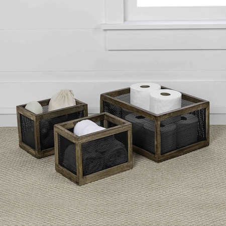 Happimess Fallon Modern Minimalist Handmade Wooden Metal Nesting Storage Baskets, Black/Natural, 3PK BSK3005B-3SET