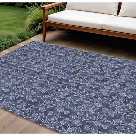 Homeroots 9' X 12' Navy Blue Denim Blue And Ivory Floral Washable Indoor Outdoor Area Rug 581910