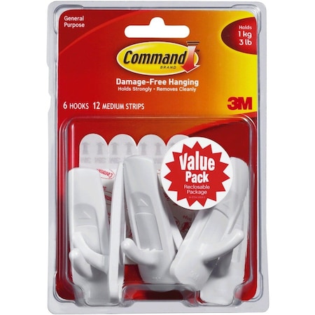 Command Utility Hook, 78 in Opening, 3 lb, 6Hook, Plastic, White 17001-VP-6PK