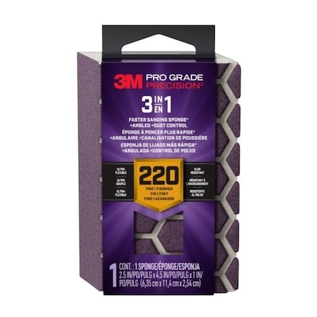 3M 3-in-1 Sanding Sponge, 2-1/2 in L, 4-1/2 in W, 220 Grit, Fine DCDA220-PGP-1T