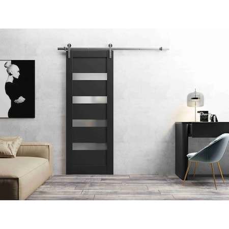 Sartodoors Sturdy Barn Door 18 x 80in, Quadro 4113 Matte Black Frosted Glass, SS 6.6FT Rail Hangers Heavy Set QUADRO4113BD-S-BLK-18