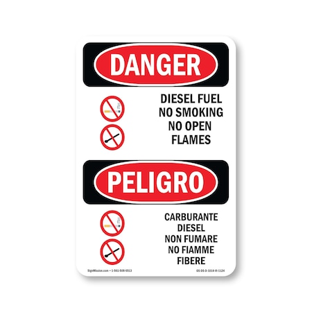 Signmission OSHA Danger Sign, Diesel Fuel No Smoking Bilingual, 14in X 10in Decal, OS-DS-D-1014-VI-1124 OS-DS-D-1014-VI-1124