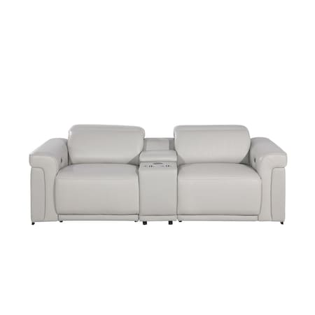 Homeroots 86in Light Gray and Black Italian Leather Power Reclining Loveseat With Storage 720530