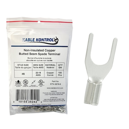 Kable Kontrol Fork Terminal, #8 Stud Size, 18 AWG, Bare, 100 PK STNI-2218-8