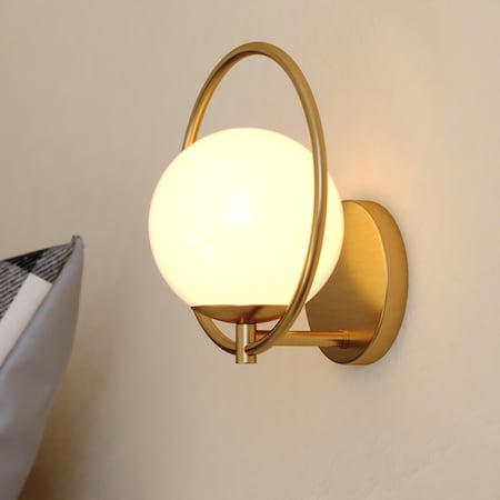 Vaxcel Bucktown 1 Light Gold Brass Mid-Century Modern Wall Sconce White Globe Glass W0475