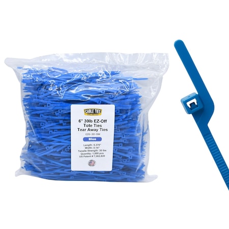 Cable Ties Unlimited Easy-Off Tote Cable Tie, 6 in L, 30 lb Strength, 1.4 in Max Bundle Dia, Nylon 6/6, Blue, 1000PK EZ6-30-6M