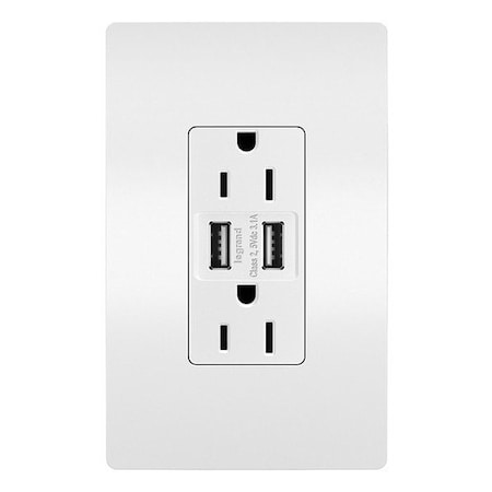 Legrand USBReceptacle, 15A, White, Polycarbonate TM826USBW