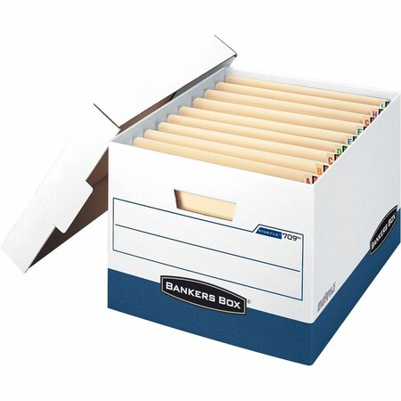 Bankers Box STOR/FILE(TM) END TAB Storage Boxes, 12.75" W, 15" D, 10" H, Lift-Off Lid Closure, White/Blue 00709