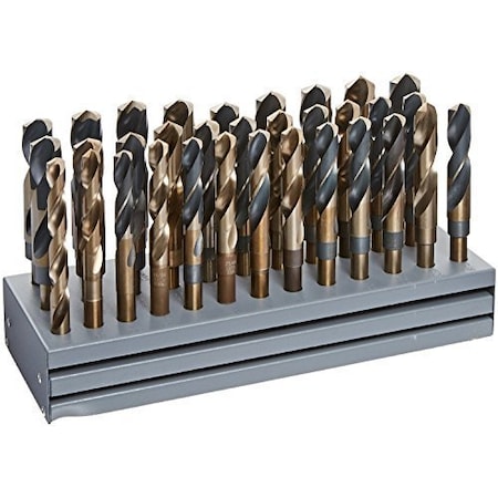 Drill America 33 Piece HSS Black & Gold Drill Bit Set with Reduced 1/2" 3-Flat Shank, 1/2" - 1", Metal Stand KFD833SD-SET