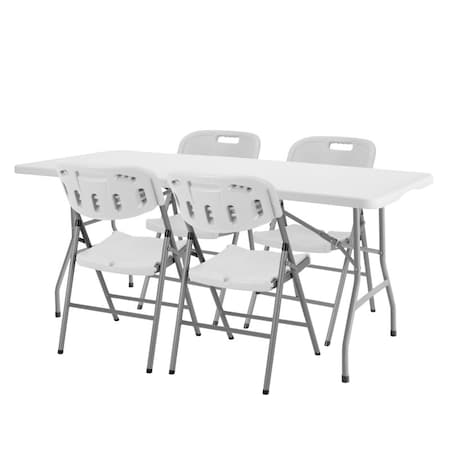 Regency Trestle 5 ft Folding Table and 4 Chairs Set, Blow Mold Plastic, Steel Frame, 60 in x 29 in, White TBM6029WH42WH