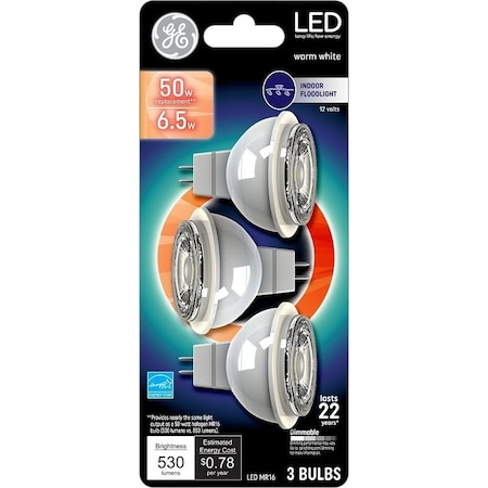 Ge Industrial Solutions LED Bulb, Track/Recessed, MR16 Lamp, GU5.3 Lamp Base, Dimmable, Clear, Clear Light, 3PK 93095550