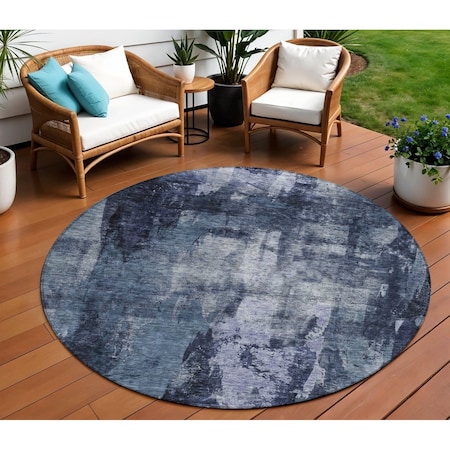 Homeroots 8' Navy Blue Black And Gray Round Abstract Washable Indoor Outdoor Area Rug 603169