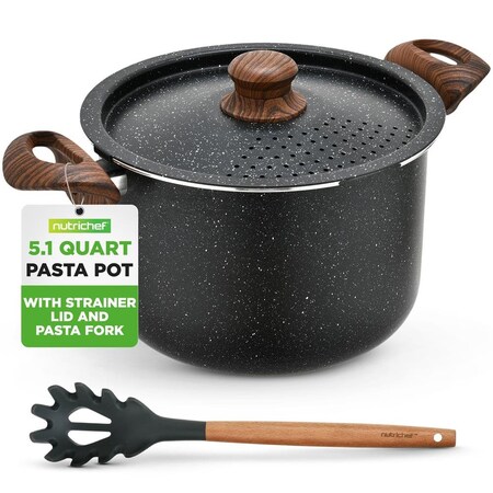 Nutrichef 5qt Pasta Pot with Strainer Lid & Pasta Fork NCMK2217