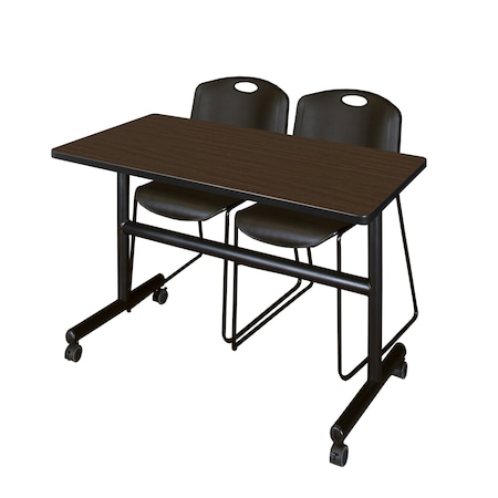 Regency Kobe Flip-Top Training Nesting Table W/ 2 Zeng Stack Chairs, 48 in W, 24 in L, Neo Walnut MKFT4824NW44BK