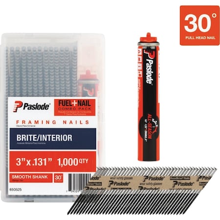 Paslode 3''x0.131'' 30Deg Paper Tape Brite Smth Shnk Rnd Drv Framing Nails W/, 1 Framing Fuel Cell, 1000 Ct. 650525