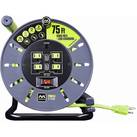 Masterplug 75ft 4 Sockets 13A 14AWG Large Open Reel with USB Charging OLA751314G4SLU-US
