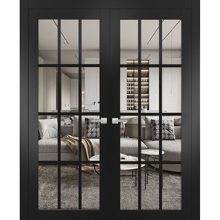 Sartodoors Solid French Double Doors, Felicia 3355 Matte Black with Clear Glass, Wood Solid Panel Frame Trims FELICIA3355DD-BLK-72