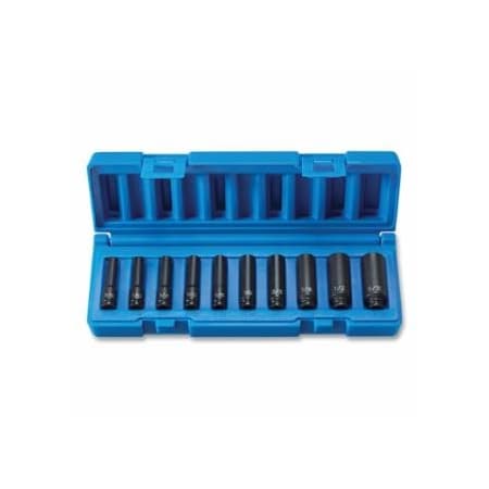 Grey Pneumatic Impact Socket Set, 1/4 in Dr, SAE, 6s-point, 3/16 in to 9/16 in, 10-Pc Deep Length Surface Dr 914-9710D