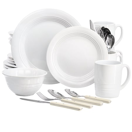 Martha Stewart 32 Piece Stoneware Dinnerware and Flatware Combo Set in Linen 96962.32