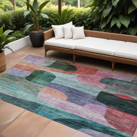 Homeroots 9' X 12' Green Purple And Blue Abstract Washable Indoor Outdoor Area Rug 604370