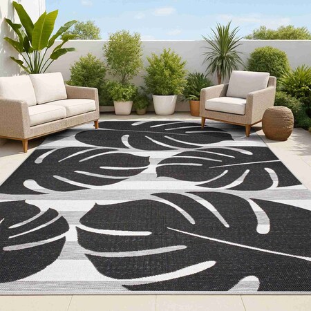 Jonathan Y Allison Classic Beach Stripe and Monstera Leaf Black/Gray 4 ft. x 6 ft. Indoor/Outdoor Area Rug TSN400B-4