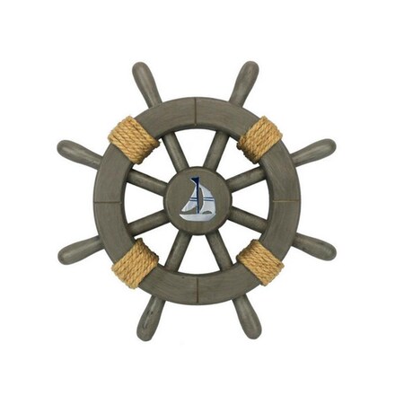 Handcrafted Decor Antique Decorative Ship Wheel with Sailboat- 12 in. Rustic-Grey-SW-12-Sailboat
