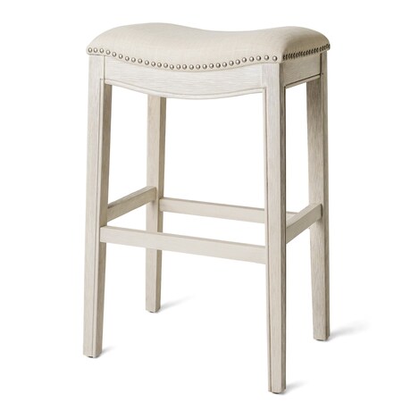 Homeroots 31" Bone and Antiqued White Fabric and Solid Wood Backless Bar Height Bar Chair 632362