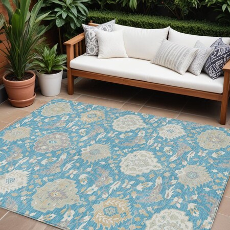 Homeroots 9' X 12' Teal Blue Gray And Ivory Damask Washable Indoor Outdoor Area Rug 599458