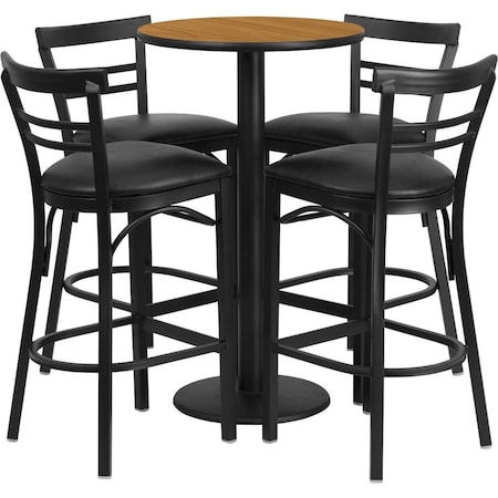 Flash Furniture Round Natural Bar Table, Rnd Base, Blk Seats, 24", Laminate Top, Wood Grain RSRB1035-GG