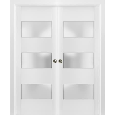 Sartodoors Sliding French Double Pocket Doors 64 x 80 inches Frosted Glass 3 Lites, Lucia 4070 White Silk, Kit LUCIA4070DP-WS-64