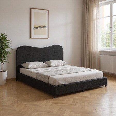 Homeroots Black Ribbed Texture Velvet Upholstered King Bed Frame 583185