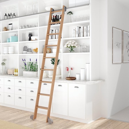 Quiet Glide 8.92 ft. Red Oak Contemporary Wheel Satin Nickel Rolling Ladder, 12 ft. Rail QG.240-9RO-12-H.02