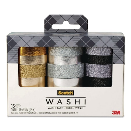 Scotch Washi Glitter Metallic Tape, Black/Gold/Silver, Assorted Sizes/Colors/Finishes, 15PK C1017-15-P6