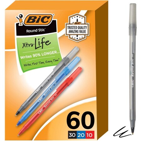 Bic Xtra Life Round Stic Ballpoint Pen, Assorted Colors, 60PK GSM609AST