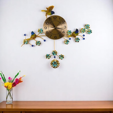 Homeroots 24" Blue Green And Gold Metal Silent Pendulum Floral Wall Clock 626367