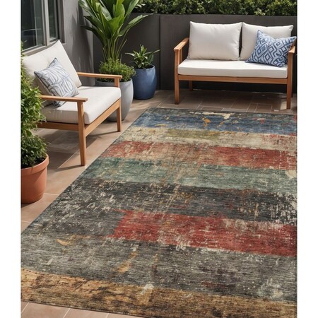 Homeroots 5' X 8' Fern Green Black And Terra Cotta Striped Washable Indoor Outdoor Area Rug 605980