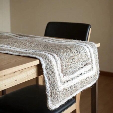 Homeroots 80" Natural And Cream Geometric Bordered Jute Table Runner 534184