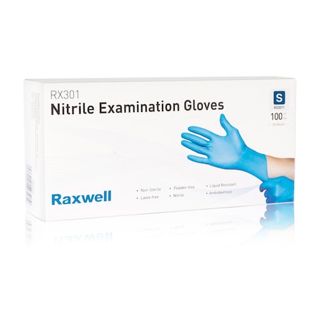 Raxwell Blue Nitrile Examination Gloves, 4 mil, Small, 100PK RX3011